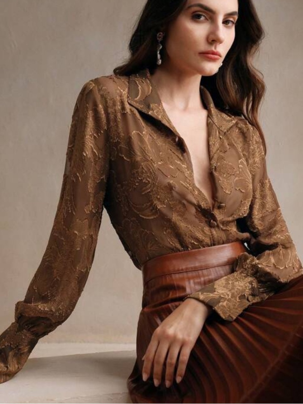 ANEWSTA Coffee Brown Sheer Floral Jacquard Button Down Blouse Size 8/10